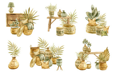 Watercolor set of vase with green gold leaves bouquets in interior on white background. Hand drawn floral boho illustration for wedding, anniversary, birthday, invitations Botanical design