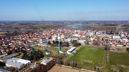 Aerial drone view of Bosanski Samac, town and municipality in north Bosnia and Herzegovina. Panoramic view of Bosanski Samac, Posavina and river Sava.