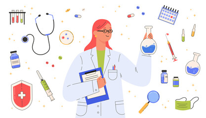 Vaccine discovery concept. Scientists doctor with flasks and folder working on antiviral treatment development in a medical gown. Set of medical objects. Vector illustration in flat cartoon style.