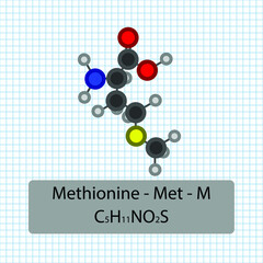 Methionine - Met - M - Amino Acid molecular formula and chemical structure . 2D Ball and stick model on school paper sheet background. EPS10