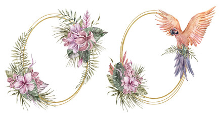 Watercolor hand painted two oval frames in gold color with tropical jungle flowers leaves and parrot on white background. Hand drawn boho illustration for wedding, anniversary, birthday, invitations