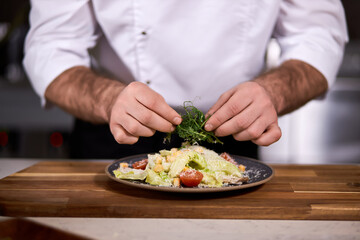 European Italian Chef neatly finishing cooking of dish, adding some greens, in restaurant kitchen, making yummy meal alone, enjoy cooking