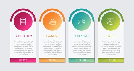 Concept of shopping process with 4 successive steps. Four colorful graphic elements. Timeline design for brochure, presentation, web site. Infographic design layout.