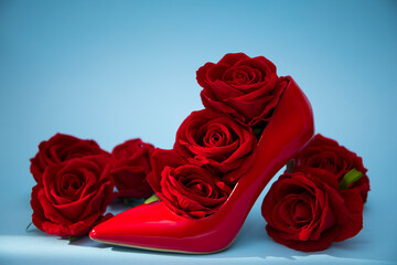 Woman red shoes. Rose background. Flowers. Concept. Shoes. 