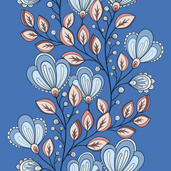 Seamless Pattern with Abstract Flowers and Leaves. Endless Striped Texture with Floral Motifs. Nature Inspired Abstract Elements. Fabric Textile, Wrapping Paper, Wallpaper. Vector Contour Illustration