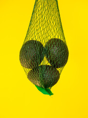 Avocados in a green net isolated and suspended on air
