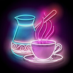 Glow Decorated Cezve with Cup of Coffee. Cafe Label, Traditional Tuskish Drink. Neon Poster, Flyer, Banner, Invitation. Glossy Background. Vector 3d Illustration