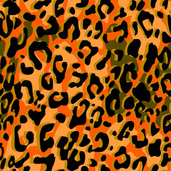 Fototapeta na wymiar Full seamless leopard cheetah animal skin pattern. Orange green design for women textile fabric printing. Suitable for trendy fashion use.