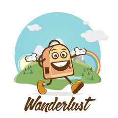 funny cartoon illustration of a wandering backpack