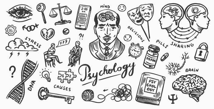 Psychology science poster or banner. Psychologist online. Clew and dna, puzzle and key. Hand drawn sketch. Psychological help. Brain and mind and mental health. Vintage retro signs. Doodle style. 