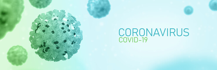 Coronavirus, Covid-19, 3D illustration. Blue cell white background. banner web format. Microscopic view of floating virus cells. Influenza, 2019-ncov flu. Concept of a pandemic, viral infection.