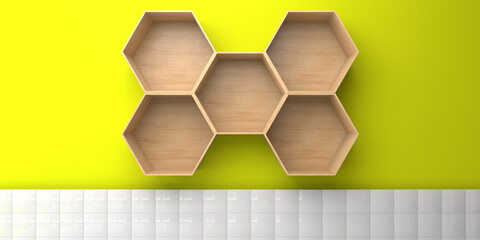 An empty kitchen cabinet made of hexagonal wooden modules hangs on a yellow wall with white tiles. 3D visualization