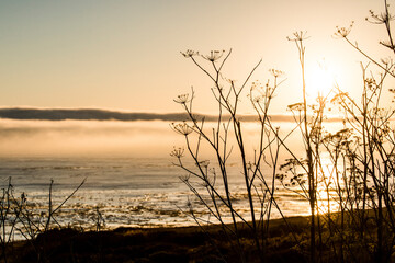 USA, California. Sunset over the Pacific Ocean, seen from Pacific Coast Highway on San Simeon North Shore.