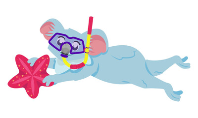 Funny koala snorkeling. Anthropomorphic animal in cartoon style.