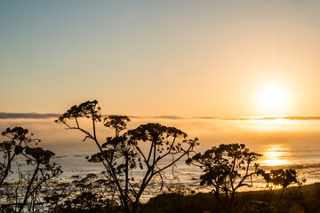 Fototapeta na wymiar USA, California. Sunset over the Pacific Ocean, seen from Pacific Coast Highway on San Simeon North Shore.