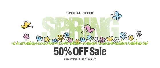 Fototapeta premium Special offer Spring Sale 50 % off with colorful spring flowers butterflies tulips in grass isolated white background