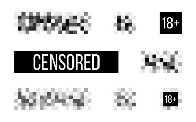 Censored signs on white backdrop. Rectangle censor template. Censorship pixel effect. Censure mosaic design. Blurry pixel symbol. Vector illustration - obrazy, fototapety, plakaty