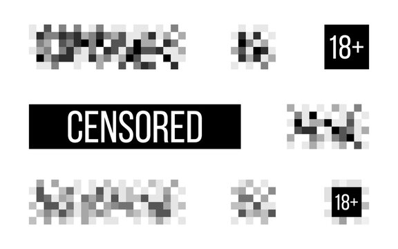 Censored signs on white backdrop. Rectangle censor template. Censorship pixel effect. Censure mosaic design. Blurry pixel symbol. Vector illustration