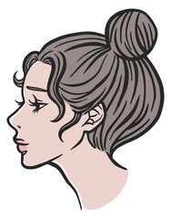 A young woman's side profile illustration with cute messy updo hairstyle. Freehand digital drawing of a beautiful girl.