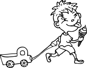 A little boy on a walk: he goes, eats ice cream and carries a toy car. Black isolated on white background. Doodle style. Hand drawn vector illustration.