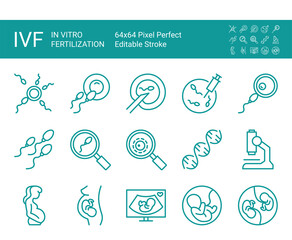 Set of vector line icons of in vitro fertilization, embryo, pregnancy, research. Editable vector stroke. 64x64 Pixel Perfect.