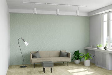 Contemporary 3d interior, living room with furniture, plants, green wall and wooden floor, modern design, rendering illustration