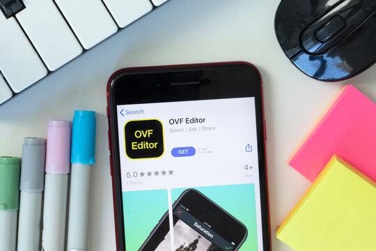 New York, USA - 2 March 2021: OVF Editor mobile app icon on phone screen, Illustrative Editorial.