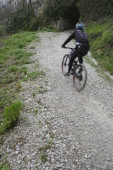 Fototapeta na wymiar Mountain bike rider ascending the hill