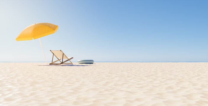 back view of a chair with umbrella on the beach and clear horizon. summer vacation concept