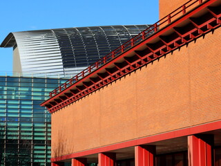 London architecture view layers of buildings. British library and francis Cricket institute. February 2021