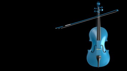 Sky Blue classic violin on black plate under spot lighting background. 3D sketch design and illustration. 3D high quality rendering. © DRN Studio