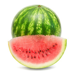 Whole watermelon and slice isolated on a white background