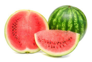 Collection of watermelon whole, half and piece isolated on a white background. Top view, flat lay