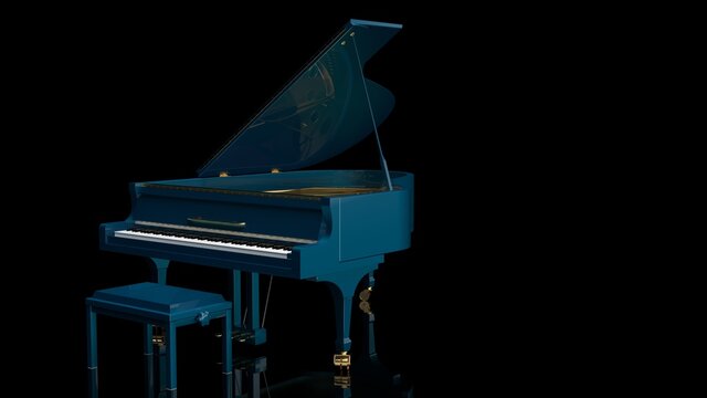 Sky Blue Grand Piano under Black Background. 3D illustration. 3D high quality rendering. 3D CG.