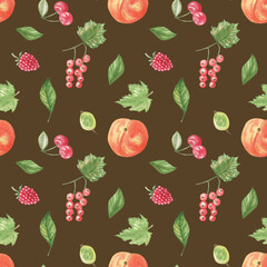 Fruits seamless pattern.Brown background. Apricot. Hand drawing. Green leaves.