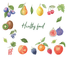 Watercolor illustration set of fruits. Healthy food. Vitamins. Berries. Healthy immunity. Apples. Pears. Kiwi, apricot, cherries.