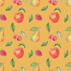 Fruits seamless pattern. Orange background. Apricot. Hand drawing. Green leaves.