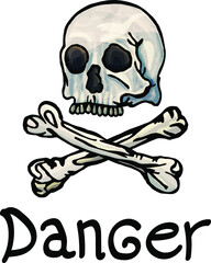 Danger sign, crossbones and skull, cartoon style, flat style, black outline, danger, warning, sign, isolated on white background, skull, bone, symbol, anatomy, skeleton, tattoo, pirates, evil, horror