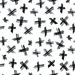 Vector seamless pattern abstract background with brush strokes.Trendy monochrome texture with pluses or crosses, simbols of kisses. Trendy graphic design. Monochrome hand drawn print with hipster X. 