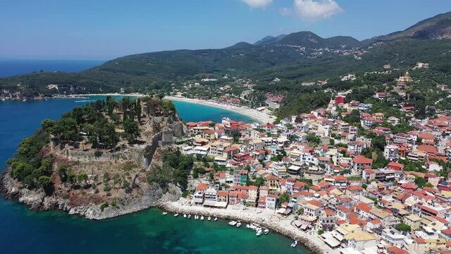 Parga, Greece. Aerial view of Parga town and Valtos beach.