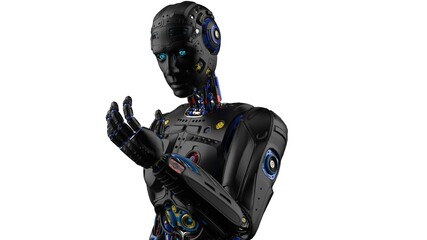 Detailed appearance of the Black AI robot under white background. 3D illustration. 3D high quality rendering. 3D CG.