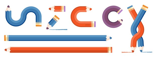 Elements for infographics. Straight, twisted and intertwined pencils. Blue and red pencil colors. Vector Illustration