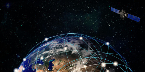Internet satellites orbit the Earth Satellite technology communication concept 3D illustration © nana