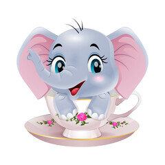 Cute baby elephant cartoon sitting in the cup