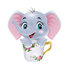 Cute baby elephant cartoon sitting in the cup