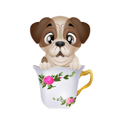 Cute puppy pug cartoon sitting in the cup
