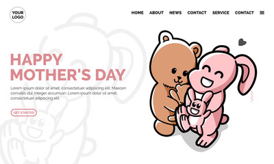 Landing Page Concept. Happy Mothers Day, Cute Animal Character Hand Draw. Vector Rabbit and Bear family sticker for Mother's day or sale shopping special offer poster. suited for Website and Webpage