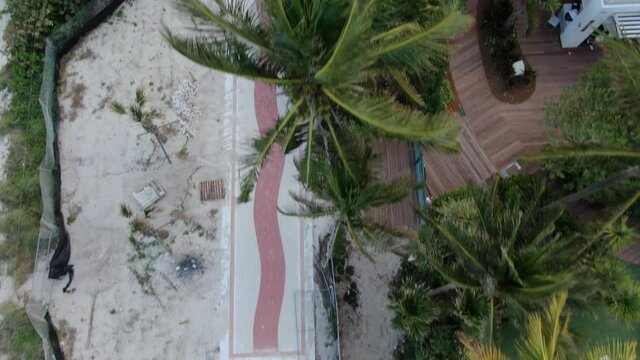 Boardwalk With Dense Palm Trees At Mid-Beach Area In Miami Beach, Florida. - Aerial Tilt-up Shot