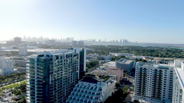 Miami Modern Hotels And Luxury Condominium In Mid-Beach Downtown Skyline. Miami Beach In Florida. aerial