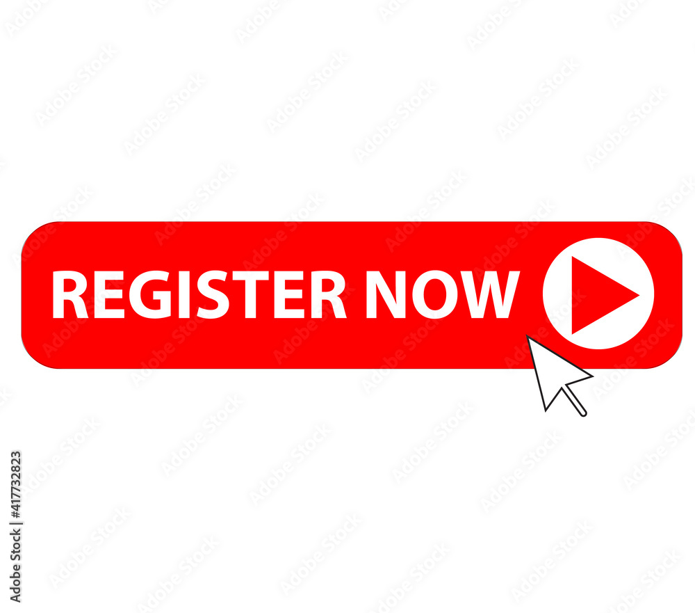 Poster clicking on the register now button. register sign. button register with an arrow symbol. flat style